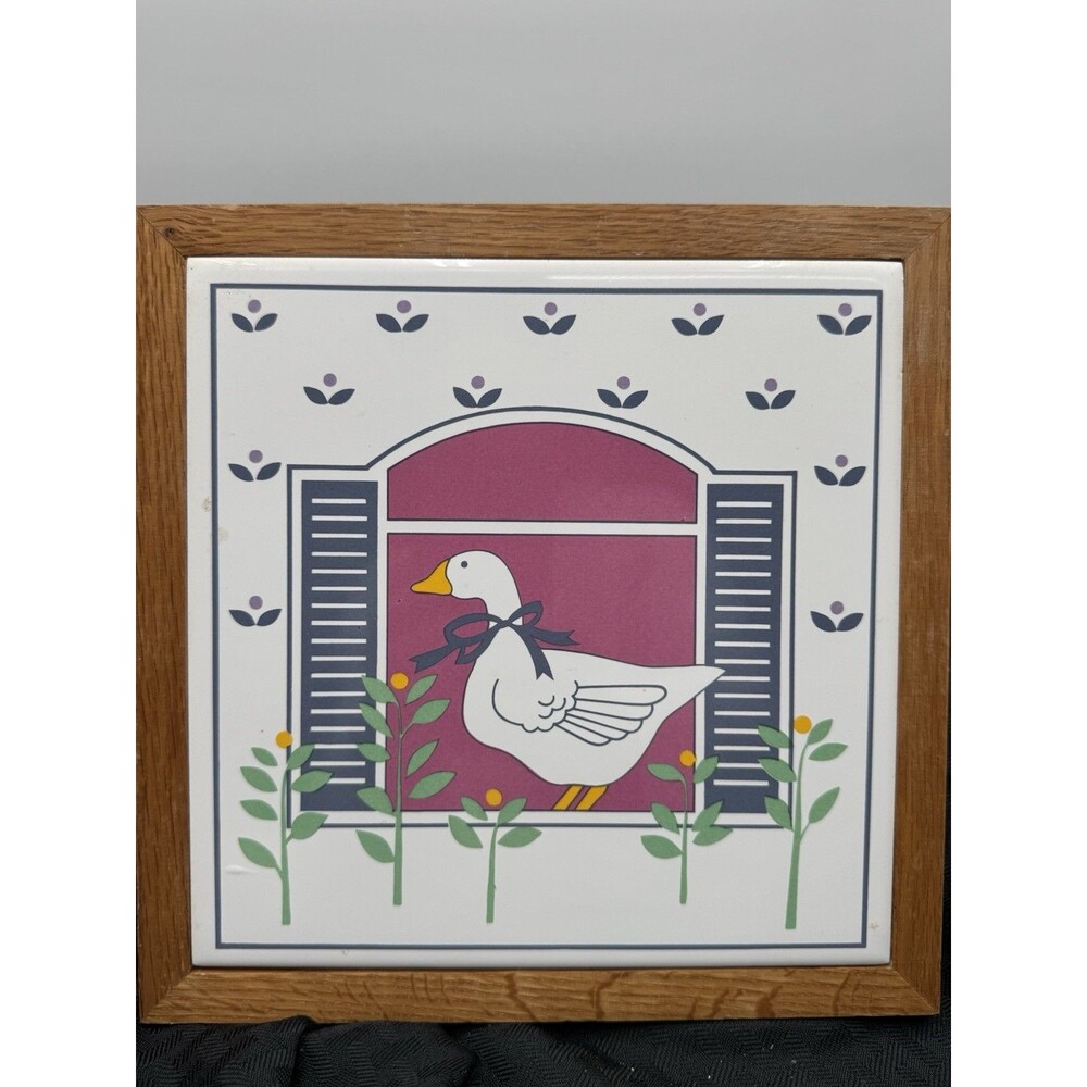 Vintage 1980 Goose Hanging Tile With Wooden Frame